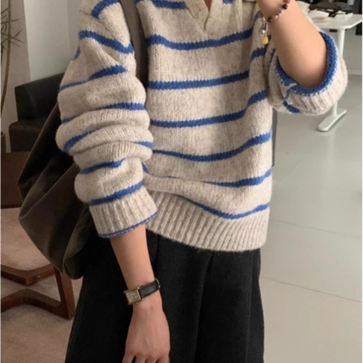 Damen Strickpullover V-Ausschnitt Streifen - Norvielle
