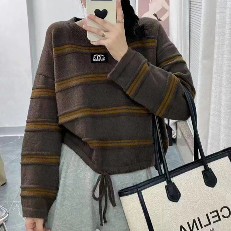 Damen Sweater Gestreift Oversized Kordelzug Beige