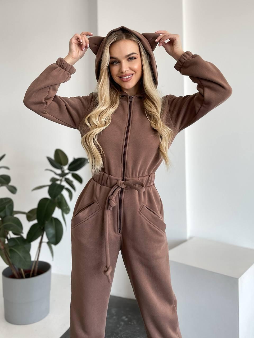 Damen Jumpsuit Kuschelig Känguru-Taschen Tierohren Norvielle