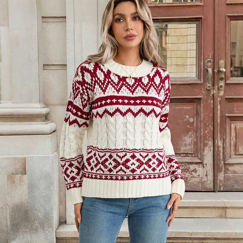 Damen Pullover Norweger Muster Hochgeschlossener Kragen Grau