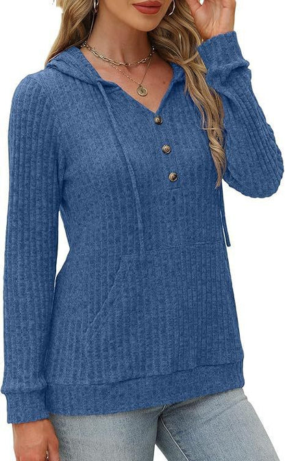 Damen Kapuzenpullover Kuschelfleece Knöpfe Seitentaschen Norvielle