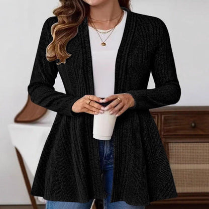 Damen Strickjacke Lang Rippmuster Tailliert Beige - Norvielle