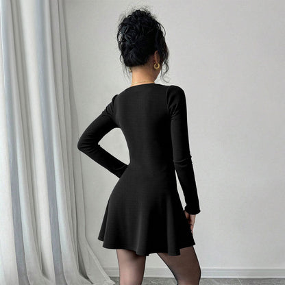 Damen Strickkleid Knielang V-Ausschnitt Knopfleiste Norvielle