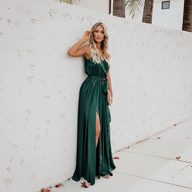 Damen Maxikleid Hohe Teilung Elegant Taillengürtel Norvielle