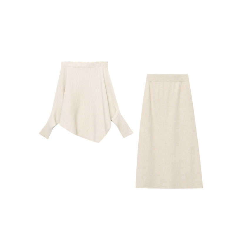 Damen Maxikleid Strick Asymmetrisch Lässig Beige