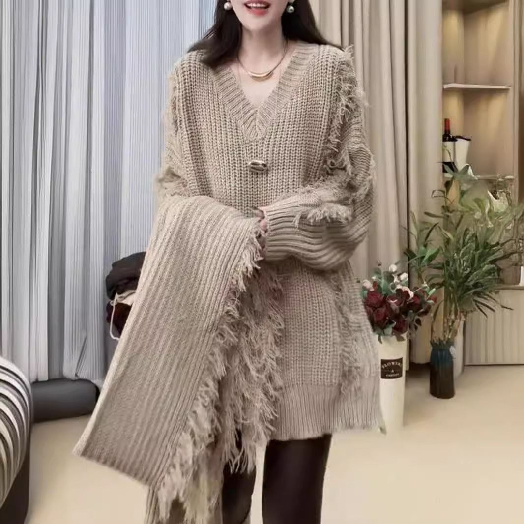 Damen Grobstrickpullover V-Ausschnitt Französer