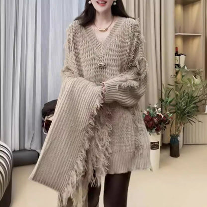 Damen Grobstrickpullover V-Ausschnitt Französer