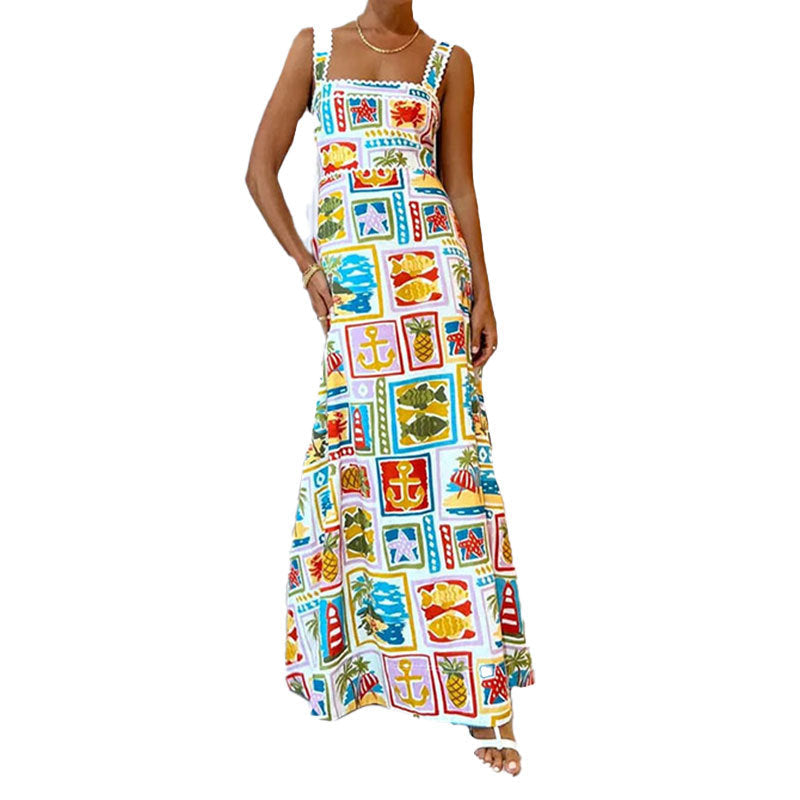 Damen Maxikleid Bunt Print Schmale Träger