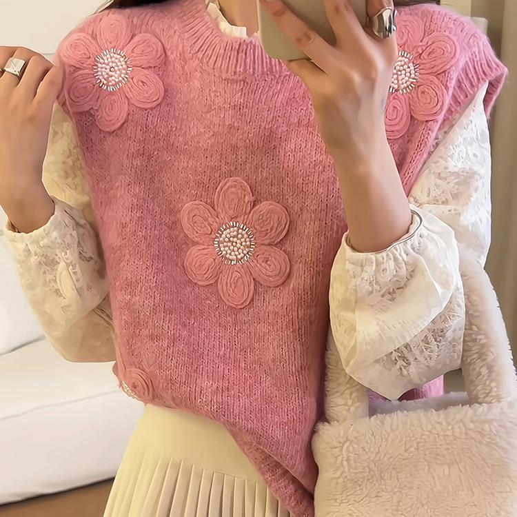 Damen Strickpullover Florale Applikationen Strukturiert Norvielle