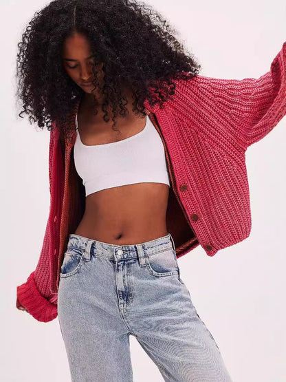 Damen Strickcardigan Lässig Überschnittene Schultern Beige