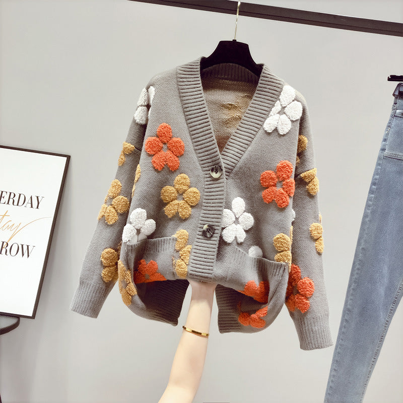 Damen Strickjacke Kuschelig Floralmuster Offen Vorne Norvielle