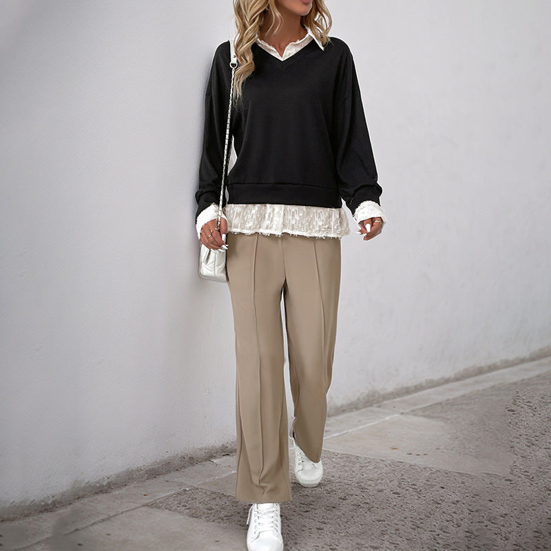 Damen Sweatshirt mit Spitzenansatz Romantisch Beige