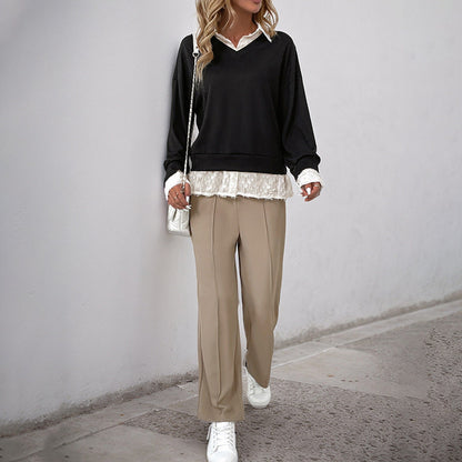 Damen Sweatshirt mit Spitzenansatz Romantisch Beige