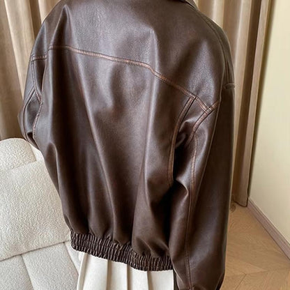 Damen Kunstlederjacke Lässig Mit Taschen