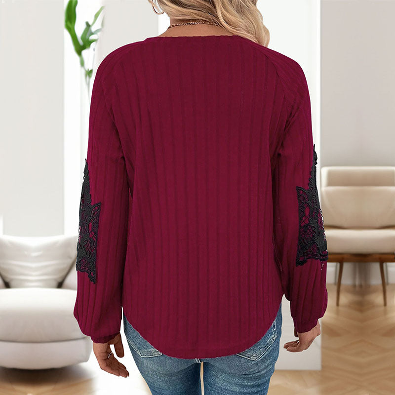 Damen Pullover V-Ausschnitt Spitze Ärmel