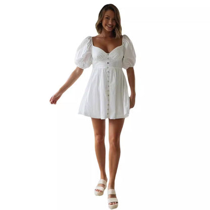 Damen Sommerkleid Puffärmel Knopfleiste Norvielle