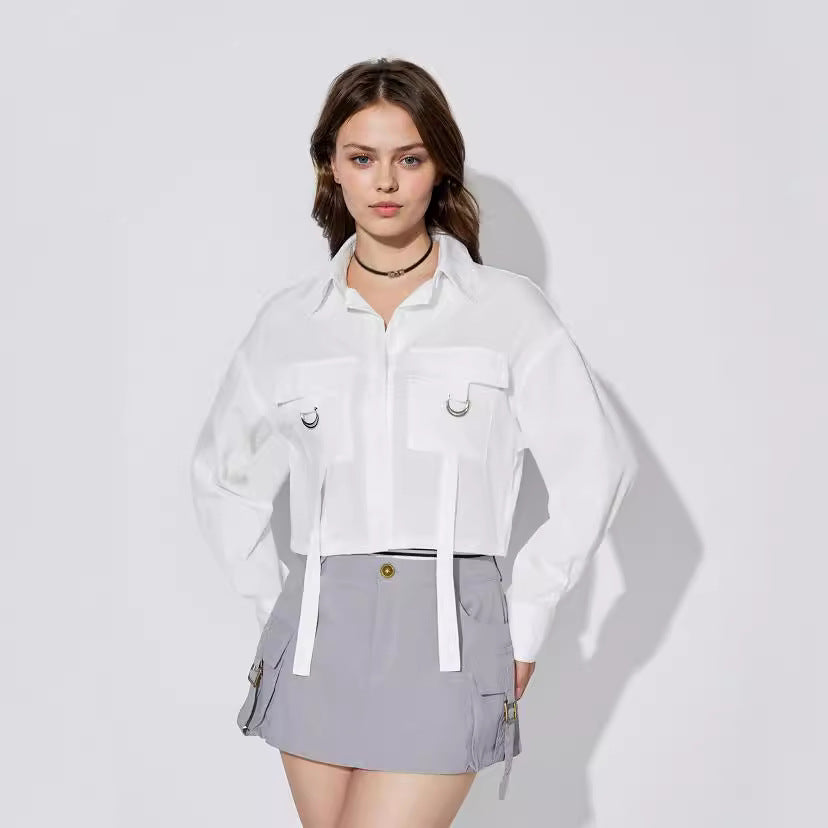 Damen Cropped Hemdbluse mit Taschen Modern - Norvielle