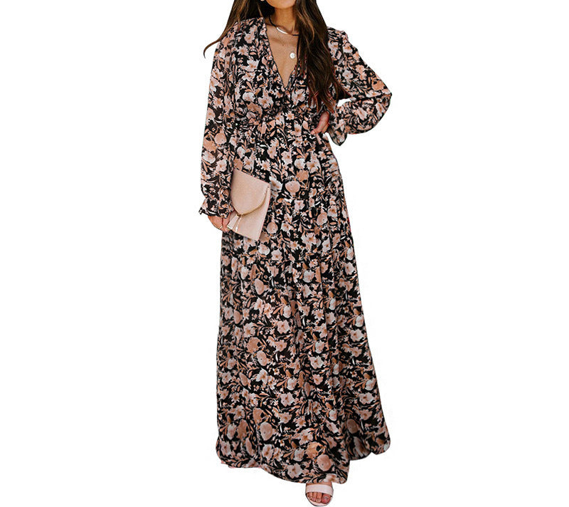 Damen Maxikleid Floraler Druck V-Ausschnitt