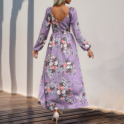 Damen Maxikleid Floralmuster Schlitz dunkel