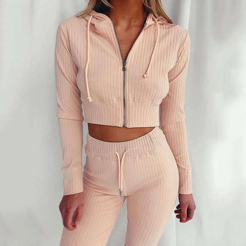 Damen Sportliches Hoodie-Set feines Rippdesign Hochkomfort Beige