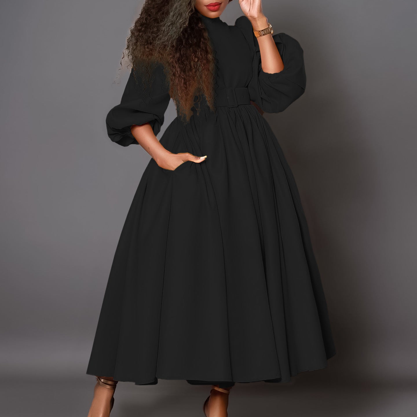 Damen Maxikleid Hochgeschlossener Kragen Abnehmbarer Gürtel Norvielle