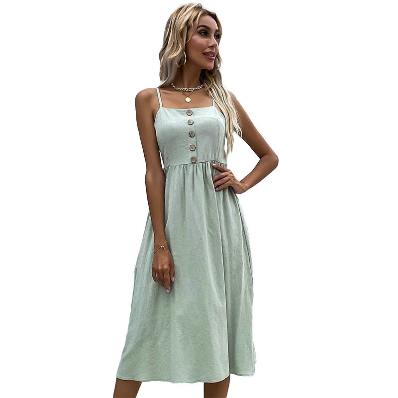 Damen Midi-Kleid Knopfleiste Verstellbare Träger Norvielle