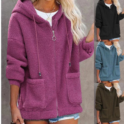 Damen Fleece Hoodiejacke Mit Taschen Hochwertig Schwarz - Norvielle