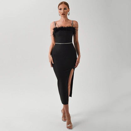 Damen Abendkleid Spitzenbesatz Schlitz Schwarz - Norvielle