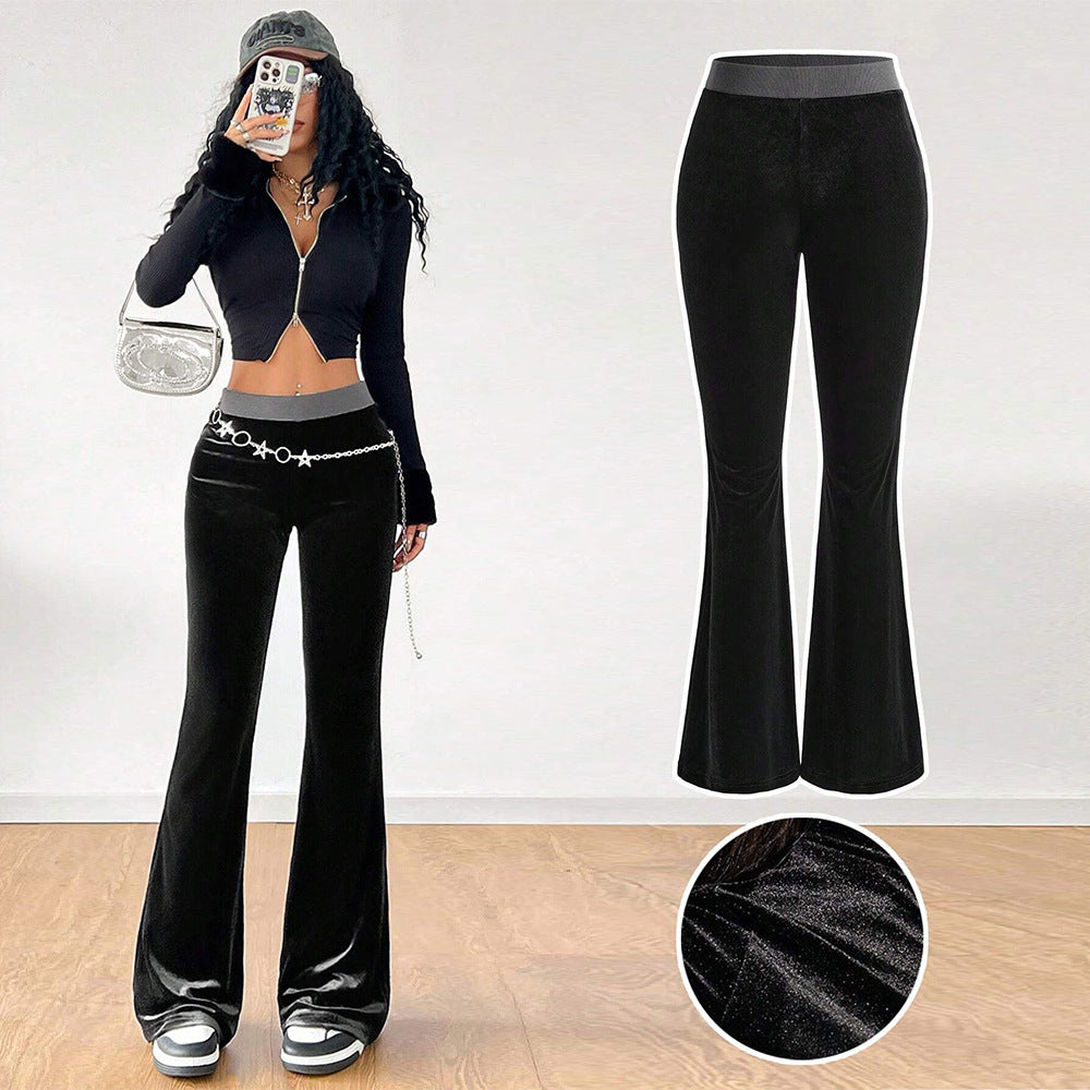 Damen Samt-Hose Flare elastischer Bund schwarz
