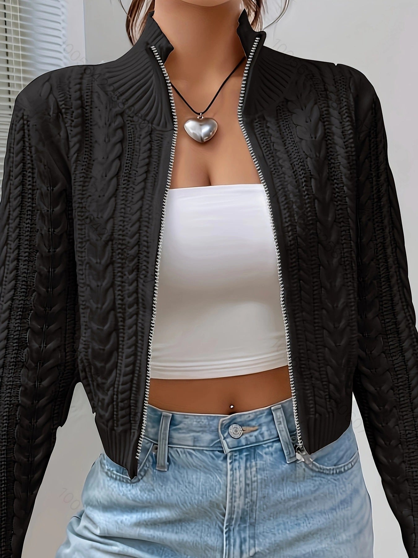 Damen Strickjacke Hochgeschlossen Mit Reißverschluss