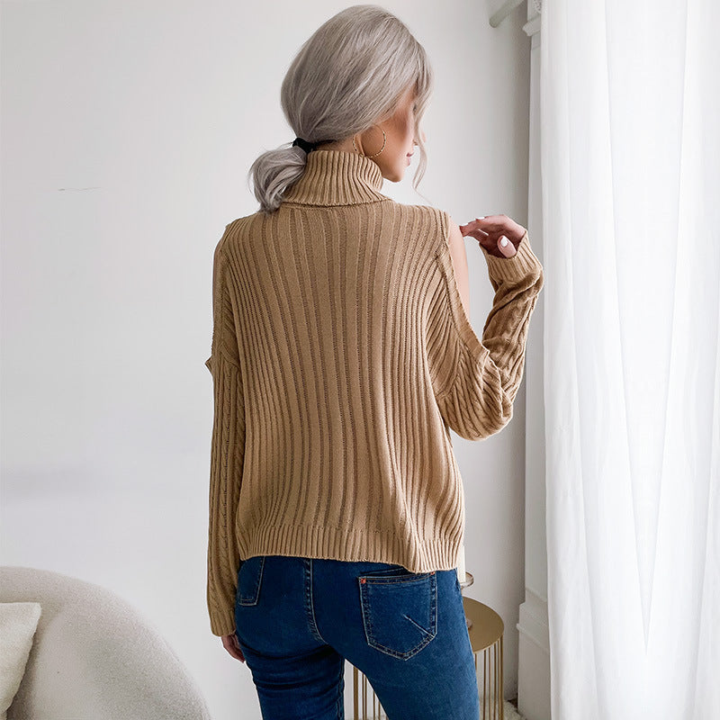Damen Off-Shoulder Strickpullover hoher Kragen Norvielle