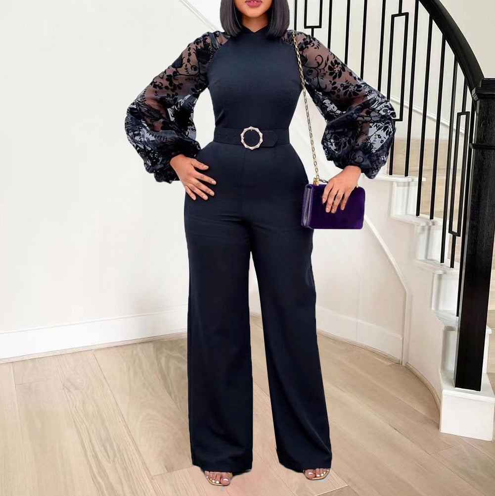 Damen Jumpsuit Puffärmel Taillengürtel Elegant Schwarz - Norvielle