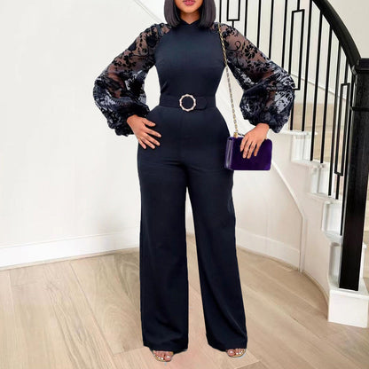 Damen Jumpsuit Puffärmel Taillengürtel Elegant Schwarz - Norvielle