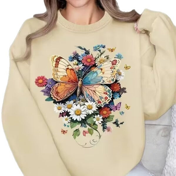 Damen Sweatshirt Langarm Floralmuster Schmetterling Norvielle