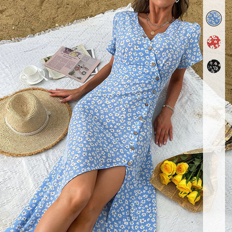 Damen Blumenkleid mit Knöpfen und Seitenschlitz - Norvielle
