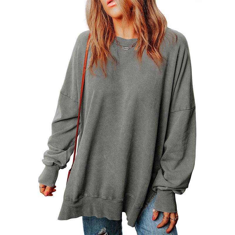 Damen Oversized Sweatshirt Baumwollmischung Drop Shoulder Gerippt Grau - Norvielle