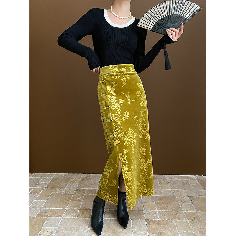 Damen Maxikleid Florales Samt-Design Elegant