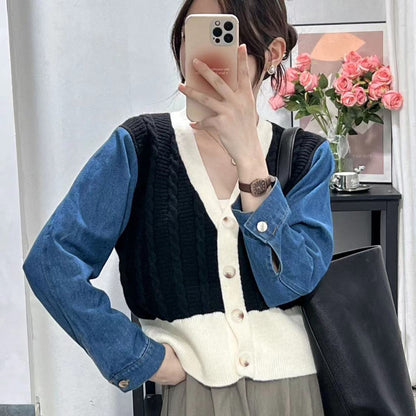 Damen Strickcardigan mit Denim Ärmeln