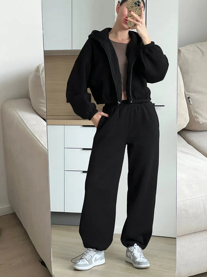 Damen Cropped Fleecejacke Hochtaillierte Jogginghose Norvielle