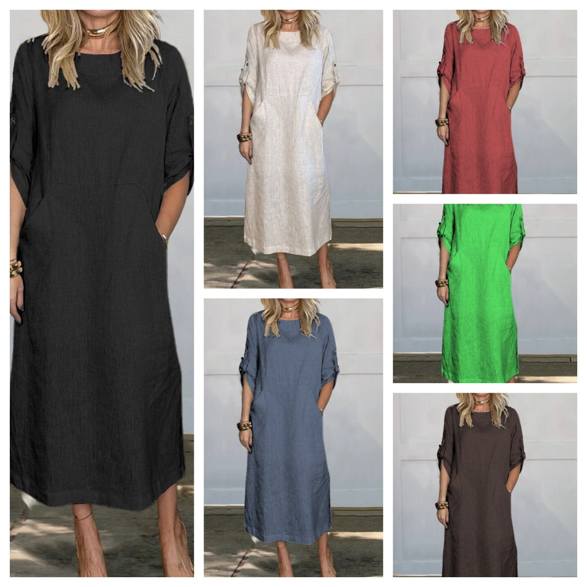 Damen Leinen-Midikleid mit Seitentaschen und Umschlagärmeln Beige - Norvielle