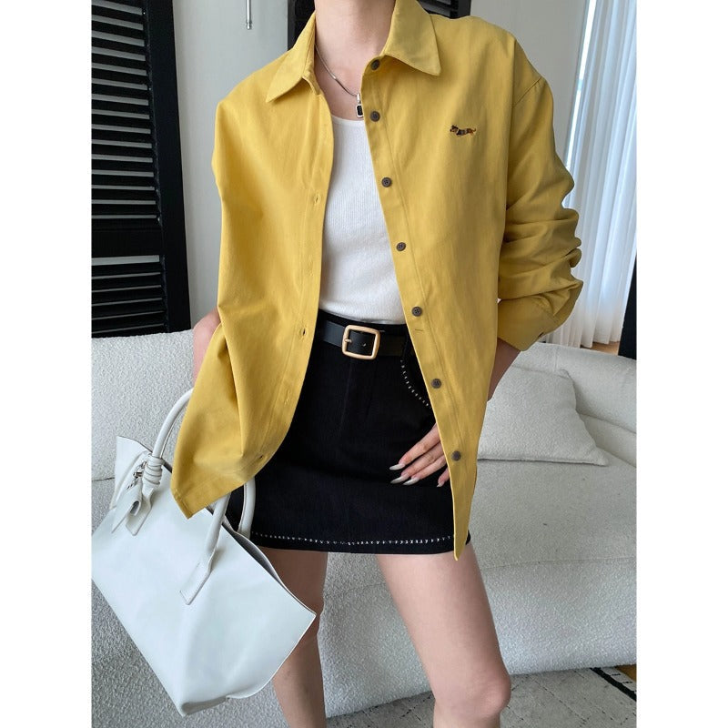 Damen Hemdbluse Lässig Knopfleiste Gestickt Blume