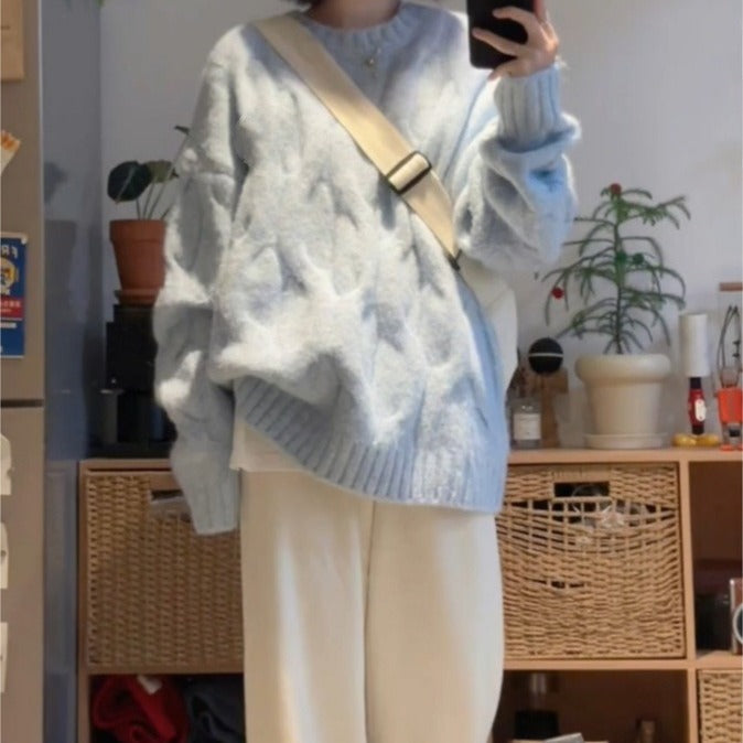 Damen Grobstrickpullover Strukturiertes Zopfmuster Lässig Beige