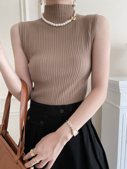 Damen Rippstrick Oberteil Hellbeige Stehkragen Norvielle