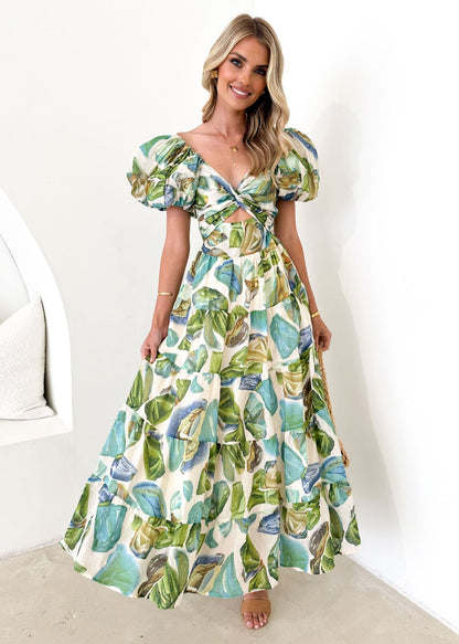Damen Maxikleid Schulterfreies Design Puffärmel Norvielle