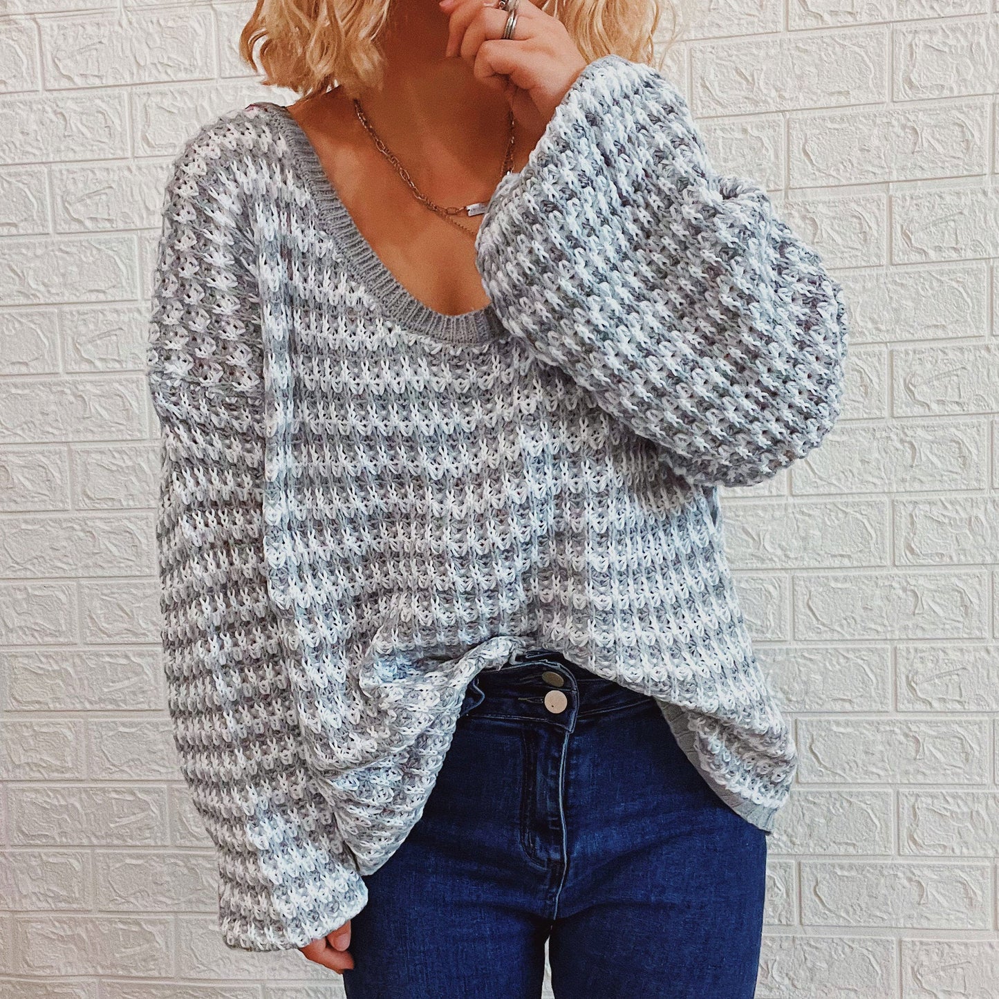 Damen Strickpullover V-Ausschnitt Weit Norvielle