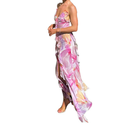 Damen Maxikleid Florale Rüschen Eleganter Schlitz