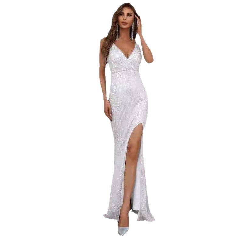 Damen Abendkleid Hochschlitz Glanzoptik Norvielle