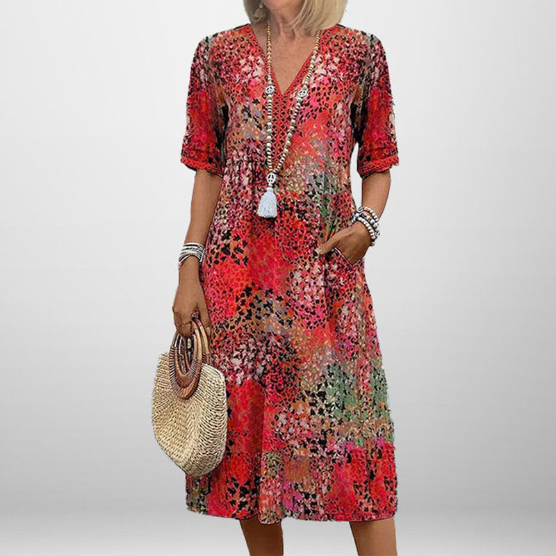 Damen Tunika-Kleid mit Muster V-Ausschnitt