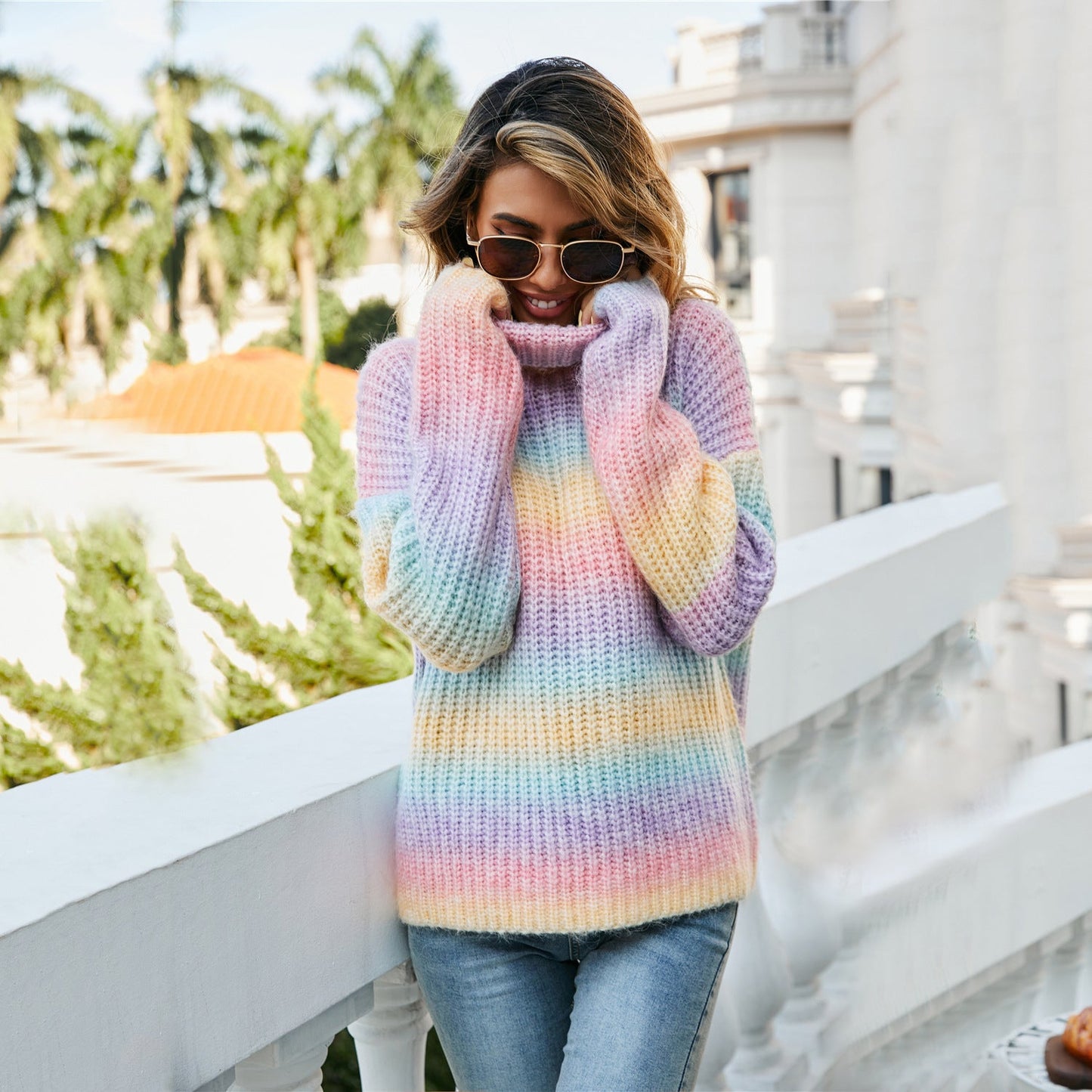 Damen Pullover Weiter Rollkragen Bunt Wellenmuster Norvielle