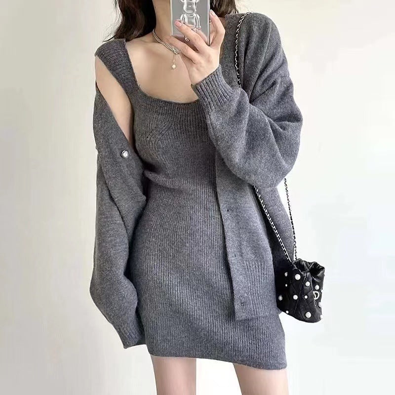 Damen Strickkleid minimalistisch mit abnehmbarer Strickjacke